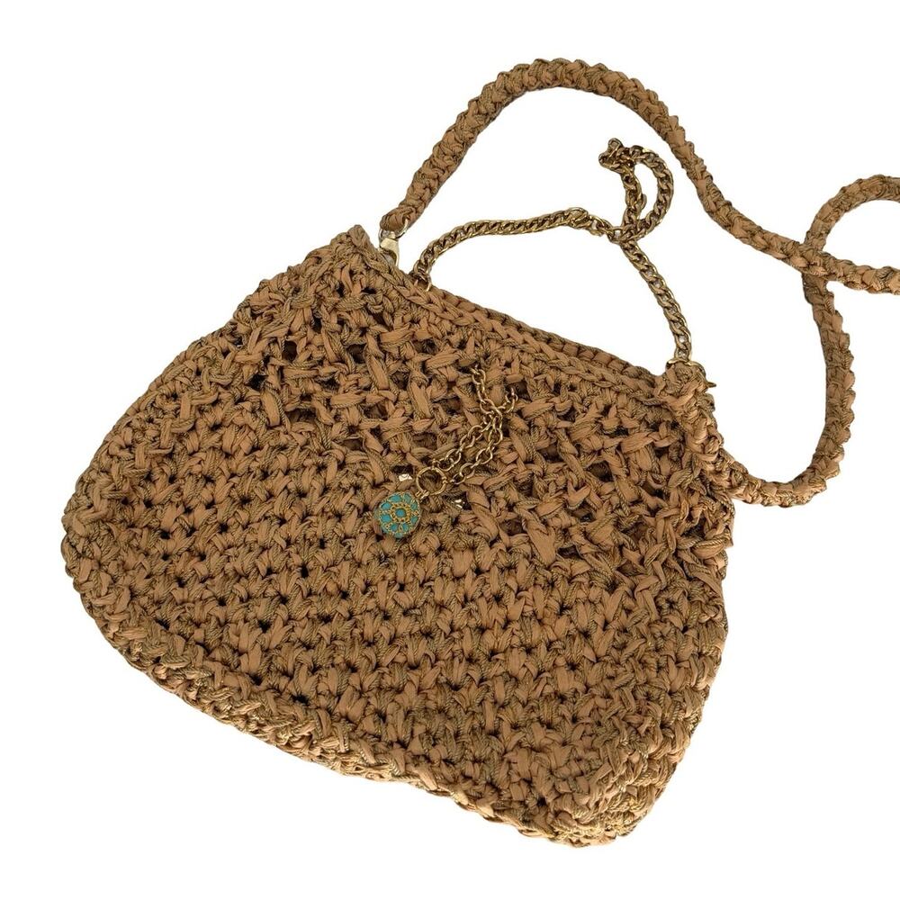 Boks & Baum Paris Raffia Crossbody Bag Gold Chain Turquoise Stone Boho